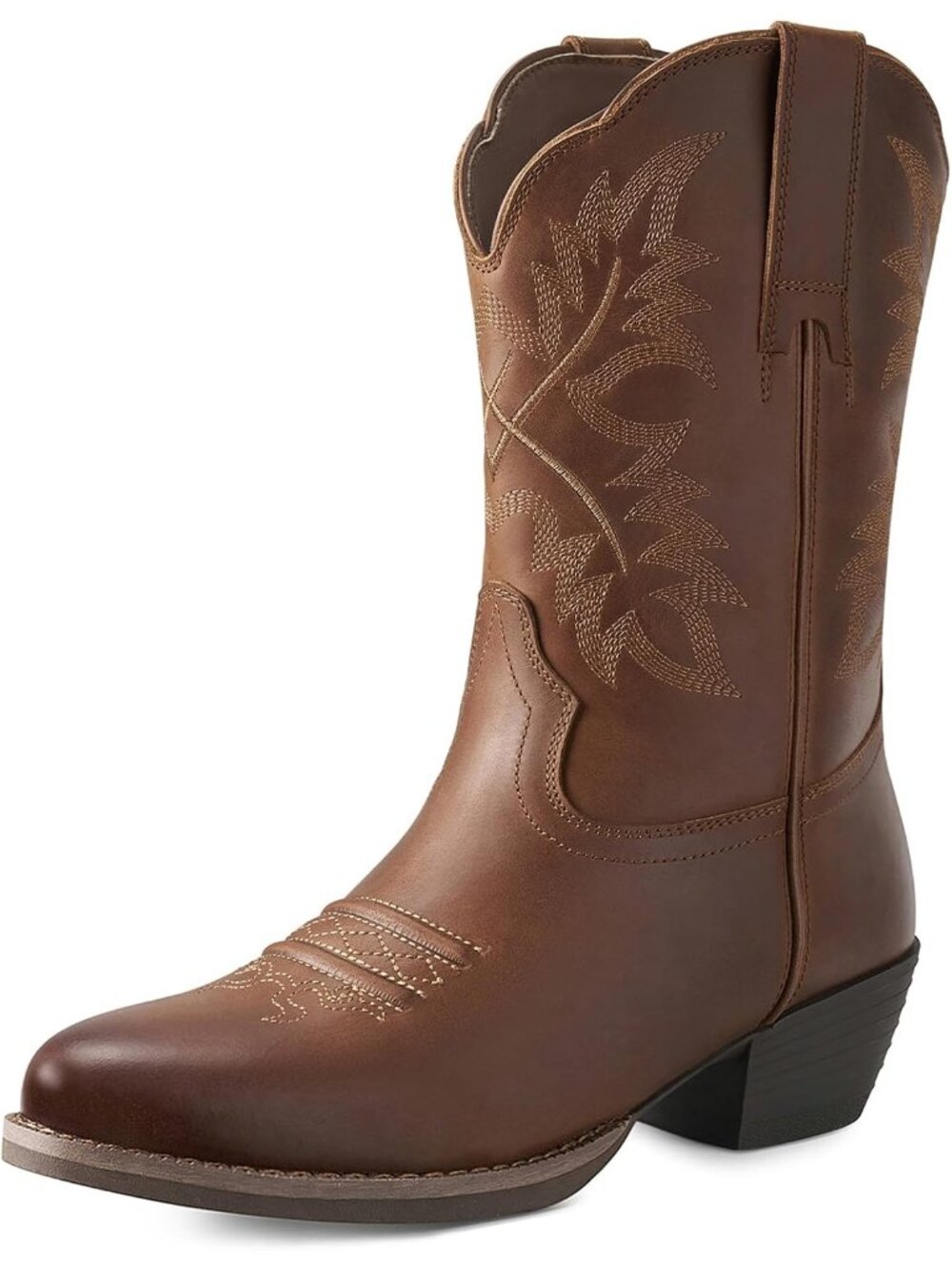 Women's Brown Genuine Leather Almond Toe Western Embroidery Cowgirl Heel Boots